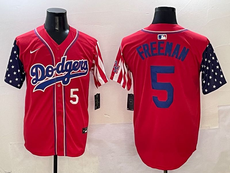 Men Los Angeles Dodgers 5 Freeman Red a generation of national flags Joint name 2025 Nike MLB Jersey style 2